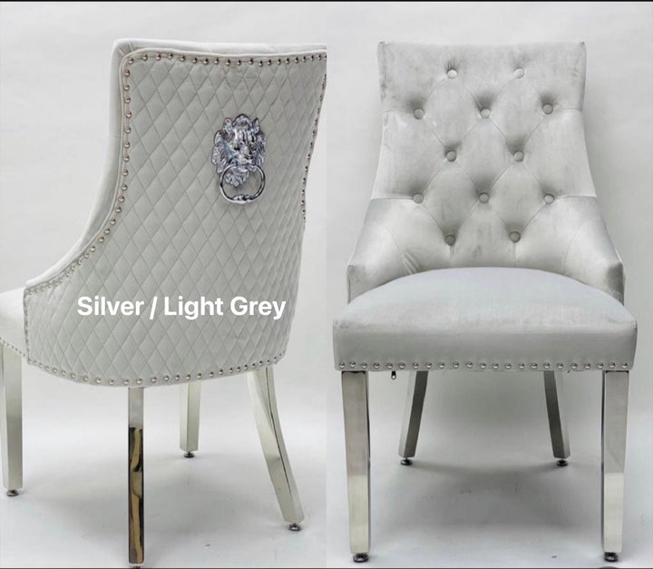 Denver Marble Dining Table Light Grey + Majestic Dining Chairs Lion Knocker