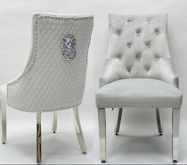 Rose 180cm Grey Marble Dining Table With Lion Knocker Dining Chairs