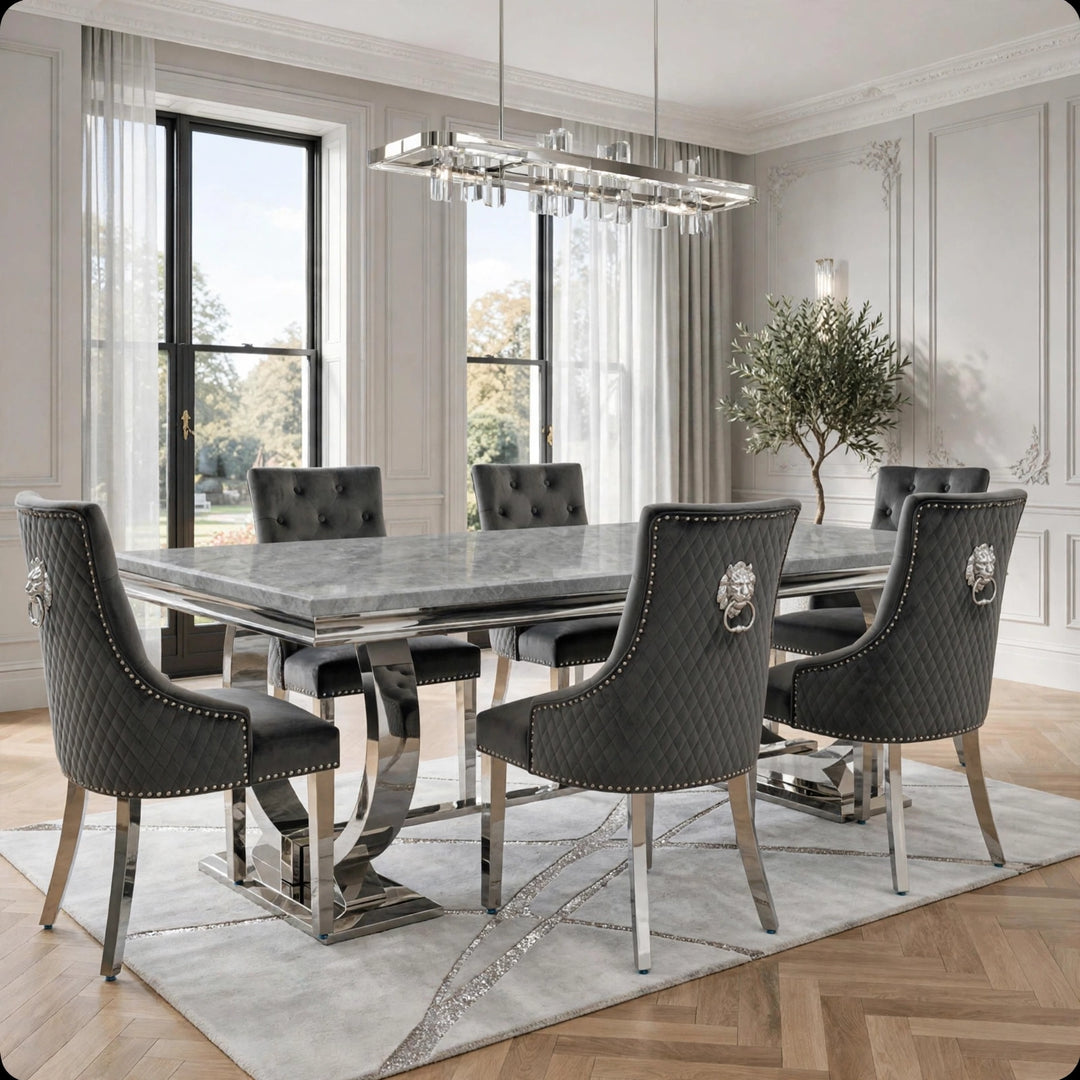 Arianna Light Grey Marble Dining Table with Dark Grey Lion Knocker Chairs