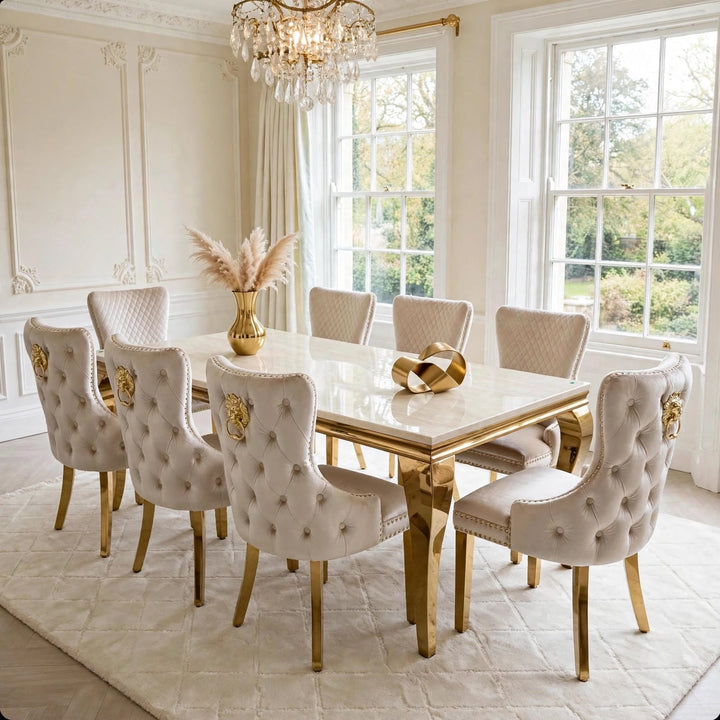 Louise White And Gold Marble Dining Table + Victoria Gold Dining Chairs Cream & Gold Lion Knocker