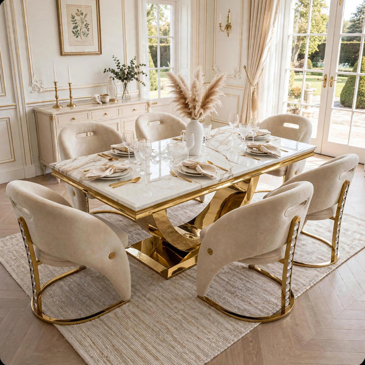 London White & Gold Marble Dining Table with 4, 6 or 8 Cream & Gold Crystal Velvet Chairs