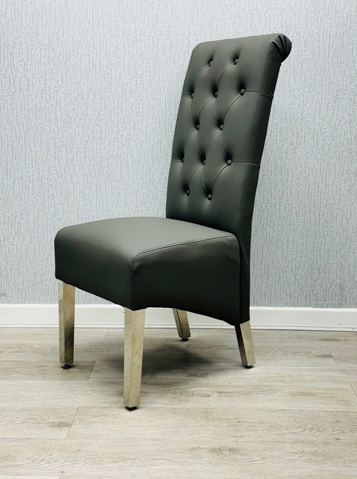 Arianna Grey Marble Dining Table with Dark Grey PU Leather Dining Chairs Lion Knocker– Modern Luxury Dining Set