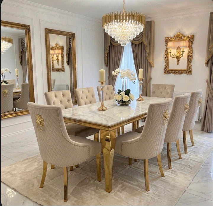 Louise White Marble Dining Table with Gold Base & Gold Majestic Mink Lion Knocker Chairs – Luxury Dining Set