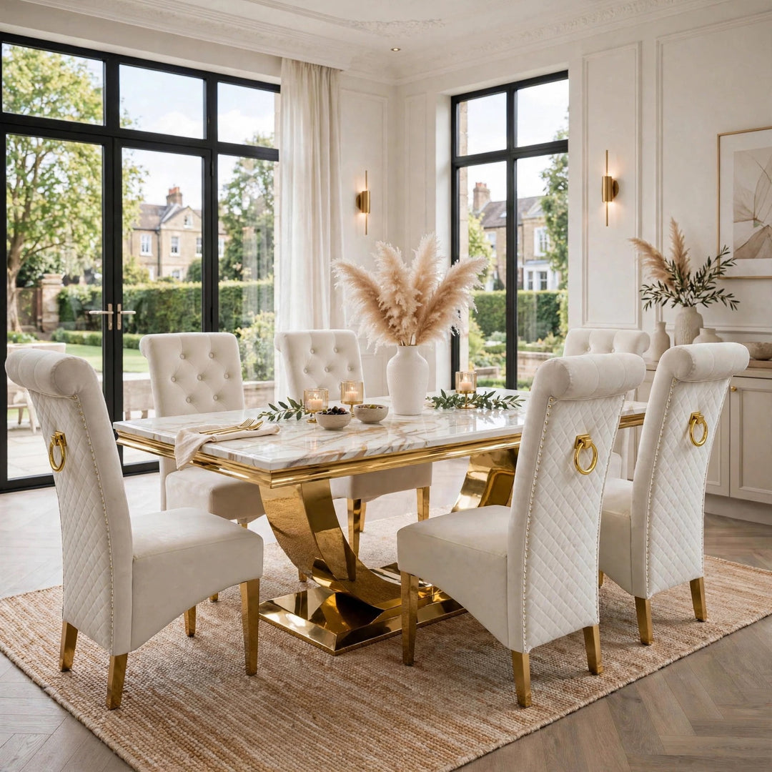 London White & Gold Marble Dining Table with Cream And Gold Lucy Velvet Dining Chairs