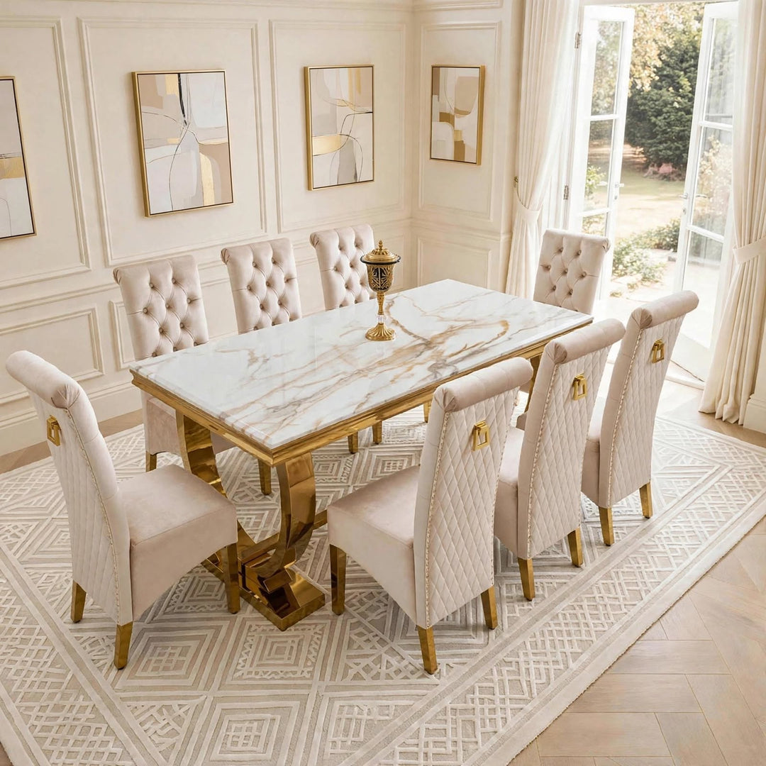 Arianna White & Gold Marble Dining Table with Cream And Gold Lucy Velvet Dining Chairs