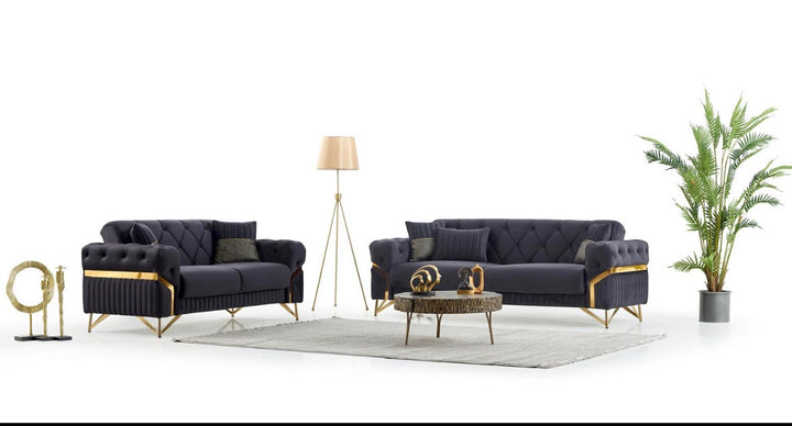 Marbela Black & Gold Turkish Sofa Bed Set – 3 Seater Sofa Bed & 2 Seater – Luxury Fabric Sofa UK