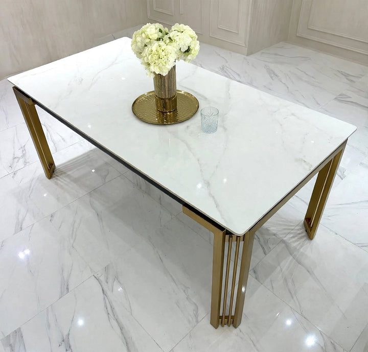 Sorrento White & Gold Marble Dining Table with Sofia Cream & Gold Velvet Dining Chairs