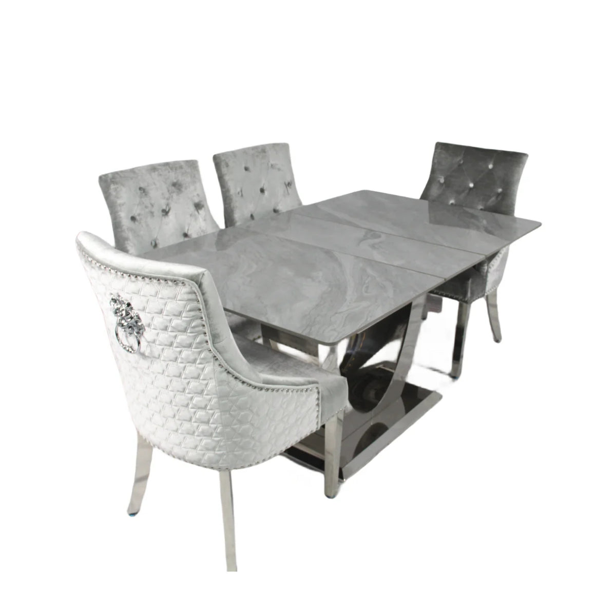 London Extending Grey Marble Dining Table 1.2M-1.5M And 1.6M-2M + Majestic Lion knocker Dining chairs