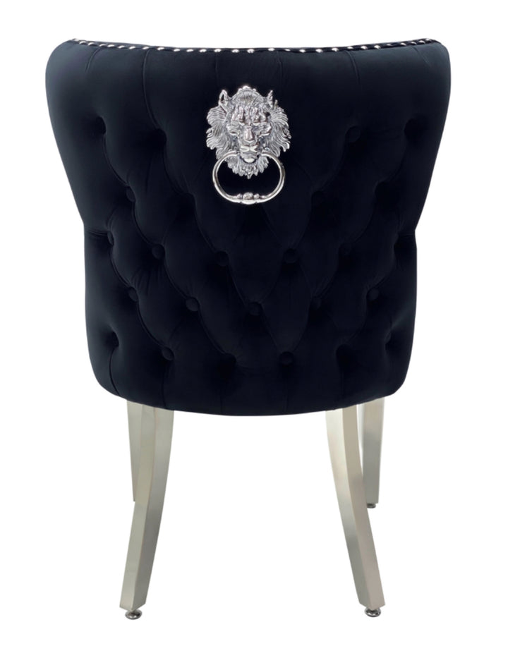 Rose 160cm Grey Marble Dining Table With Valentino Dark Grey Dining Chairs Lion Knocker