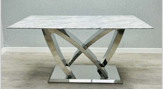 California Marble Dining Table Grey + Majestic Dining Chairs Lion Knocker