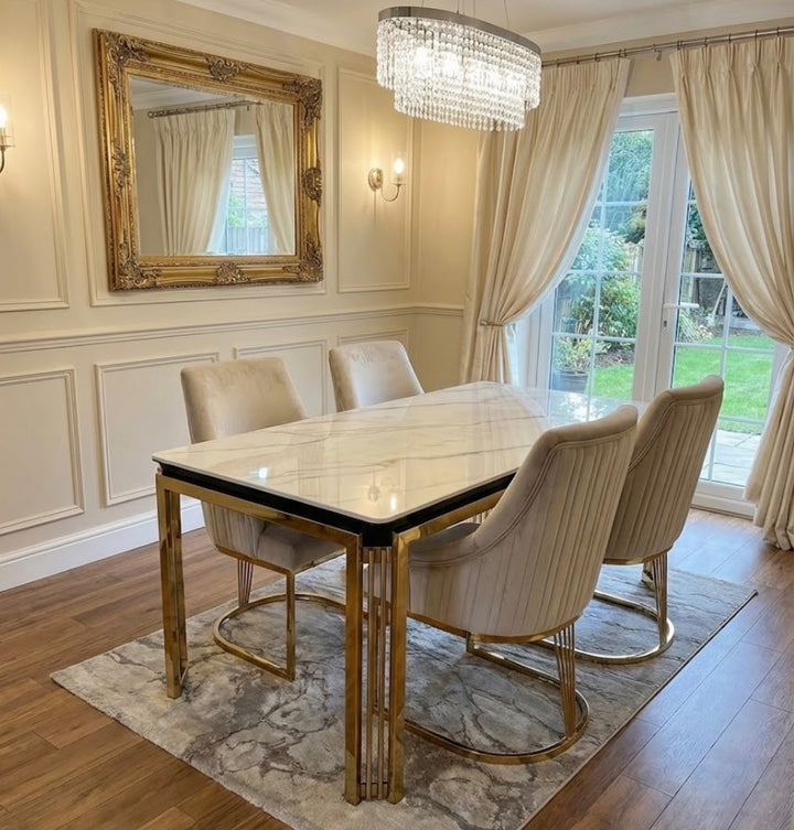 Sorrento White Marble Dining Table Gold + Lasco Mink And Gold Dining chairs