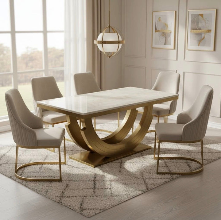 2M Monaco Gold Marble Dining Table Set With Gold Dining Chairs