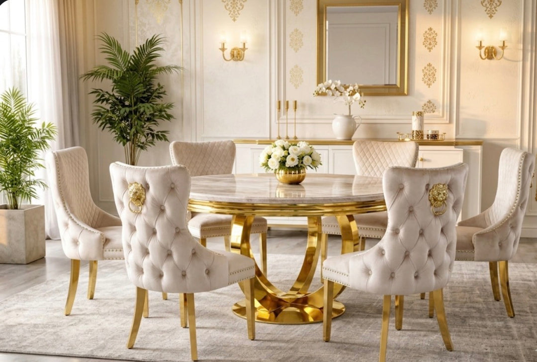Elegant dining room with a cream gold table and cream gold dining chairs 