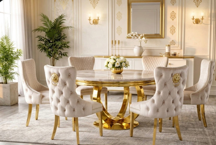 Elegant dining room with a cream gold table and cream gold dining chairs 