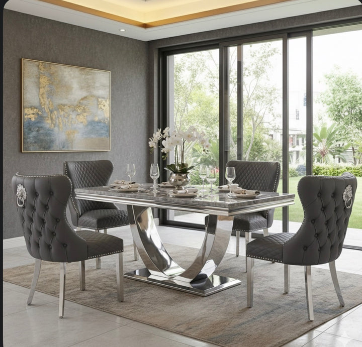 Ariel Grey Marble Dining Table with Valentino Dark Grey PU Leather Dining Chairs – Modern Luxury Dining Set