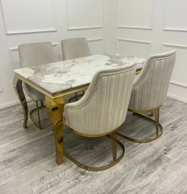 Louise Gold Marble Dining Table + Chelmsford Cream And Gold Dining Chairs