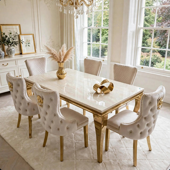 Louise White And Gold Marble Dining Table + Victoria Gold Dining Chairs Cream & Gold Lion Knocker