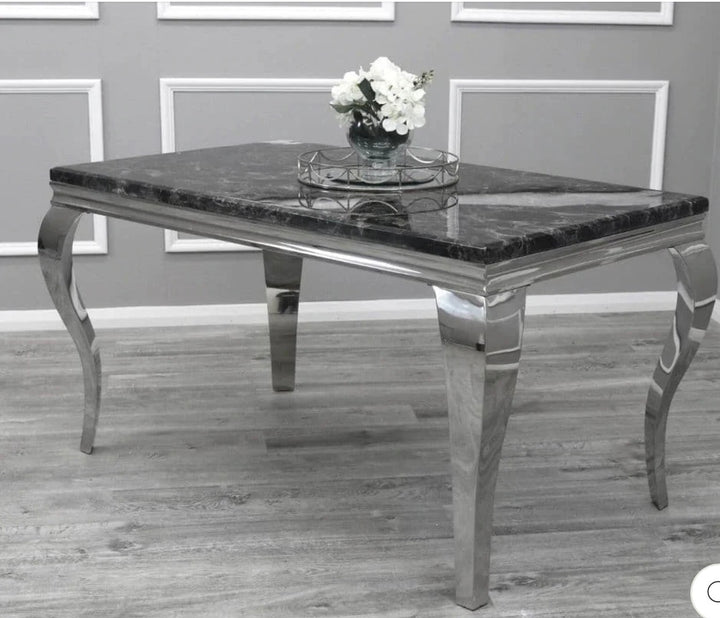 Louise Black Marble Dining Table + 4 Majestic Black Dining Chairs Lion Knocker & Matching Black Bench