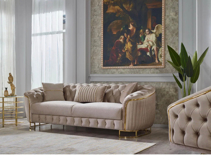 Victoria 3+2 Seater Beige Sofa Set|Gold Trim & Gold Legs