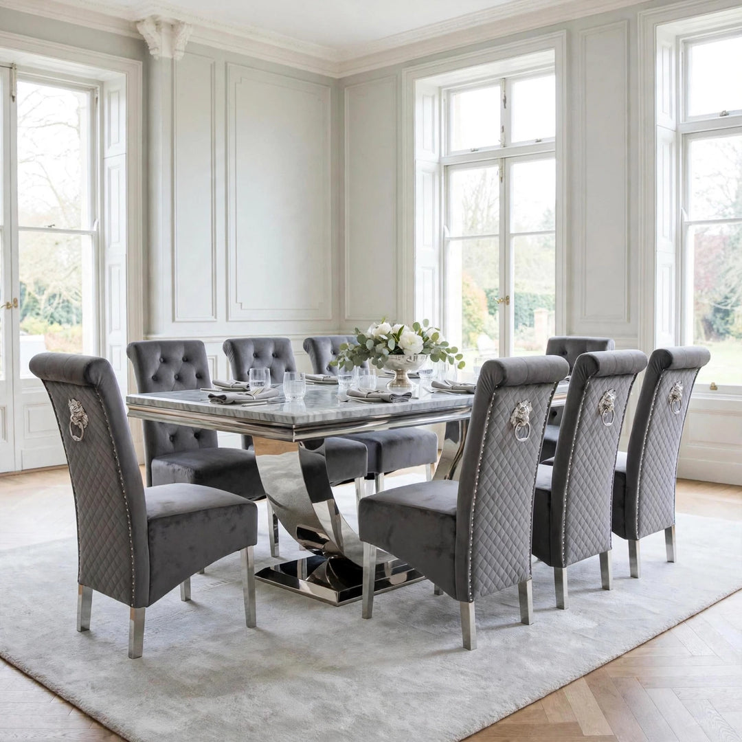 London Light Grey Marble Dining Table with Sofia Dark Grey Lion Knocker Velvet Chairs