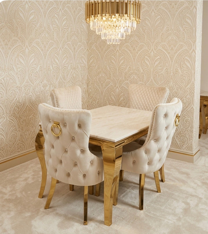 120cm Louise Gold Cream Marble Dining Set + Cream Gold Lion Knocker Chairs
