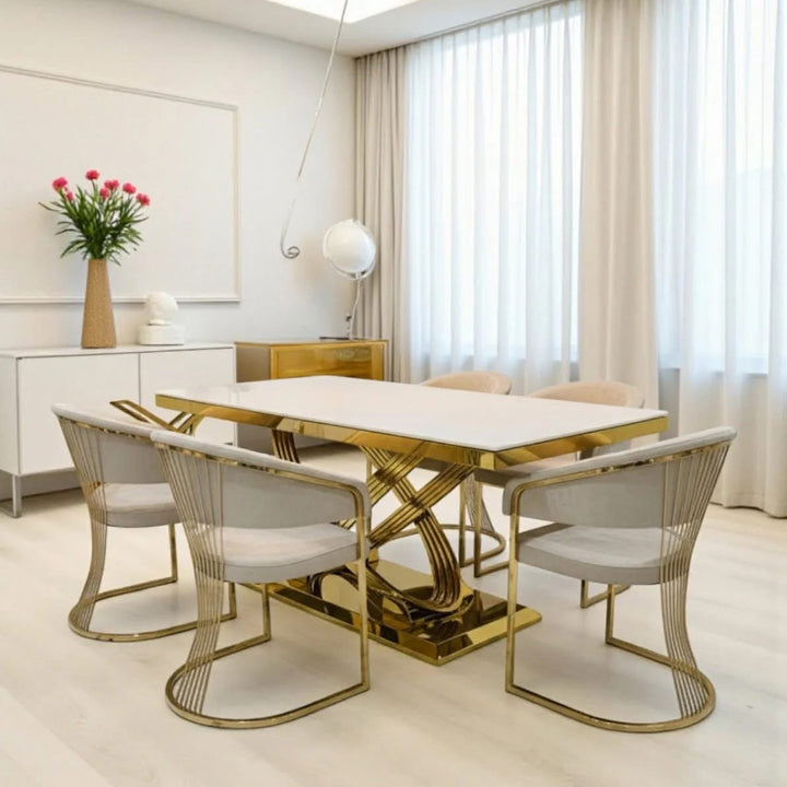 Rose 160cm Cream Marble Dining Table + Porado Cream And Gold Dining Chairs