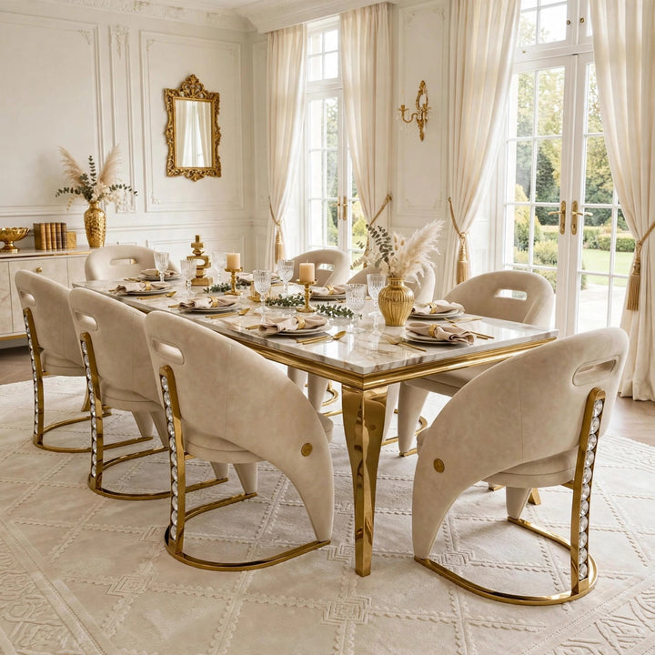 Louise White & Gold Marble Dining Table with Rome Cream & Gold Crystal Velvet Dining Chairs