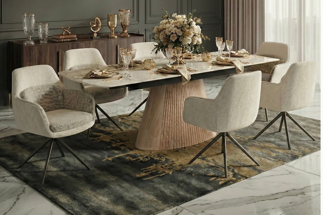 Marino Pandora Beige Extendable Dining Table 160-240cm with Florence 360° Beige Swivel Chairs | UK Home Furniture