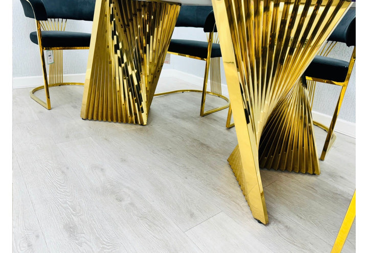 Rocco Marble Cream & Gold Dining Table Set with Rose Black & Gold Dining Chairs – Luxury Marble Dining Set (160cm & 180cm )