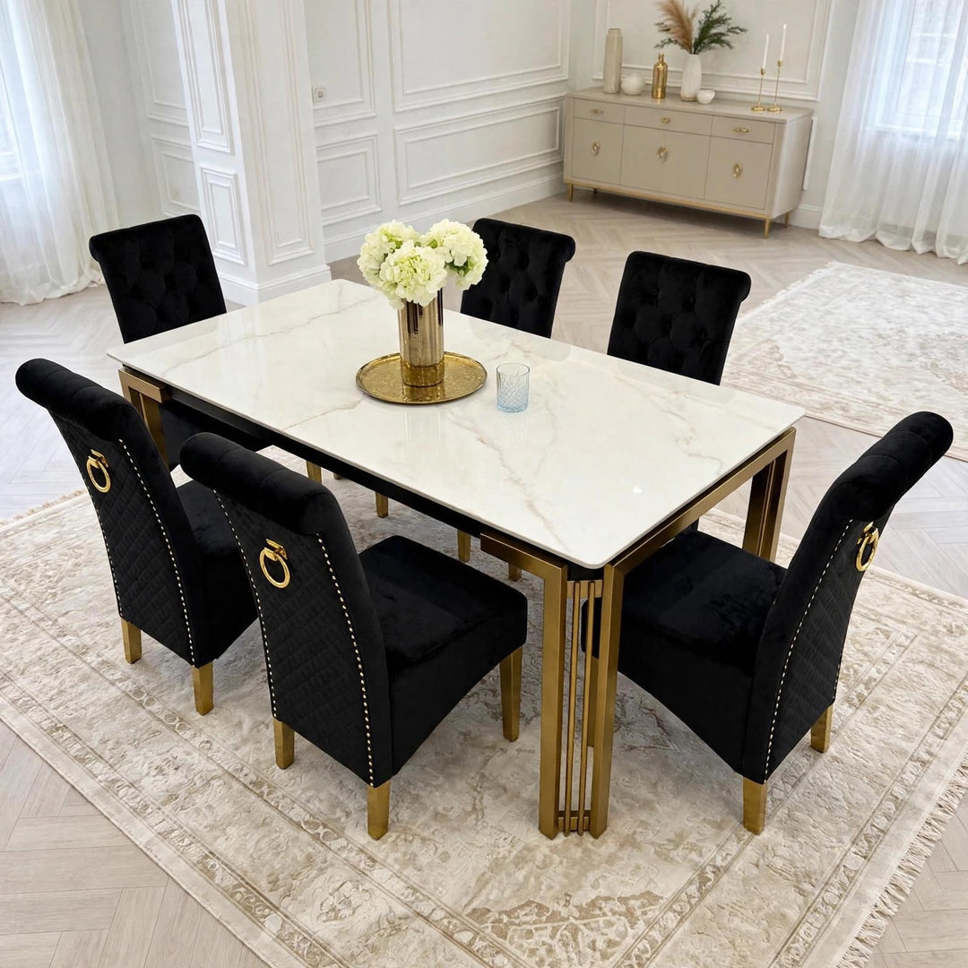 Sorrento White & Gold Marble Dining Table with Sofia Black & Gold Velvet Dining Chairs