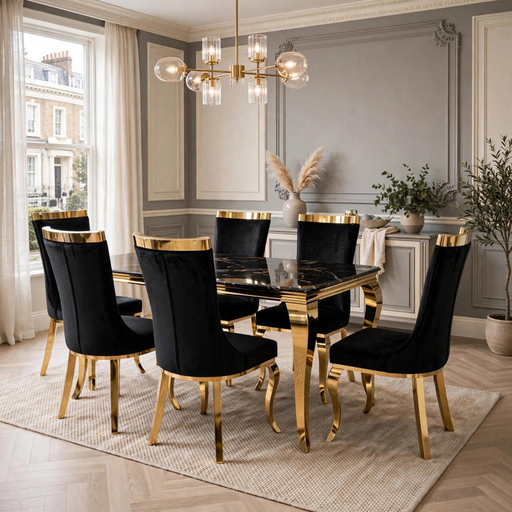 Louise Black & Gold Marble Dining Table with Roxby Black & Gold Dining Chairs