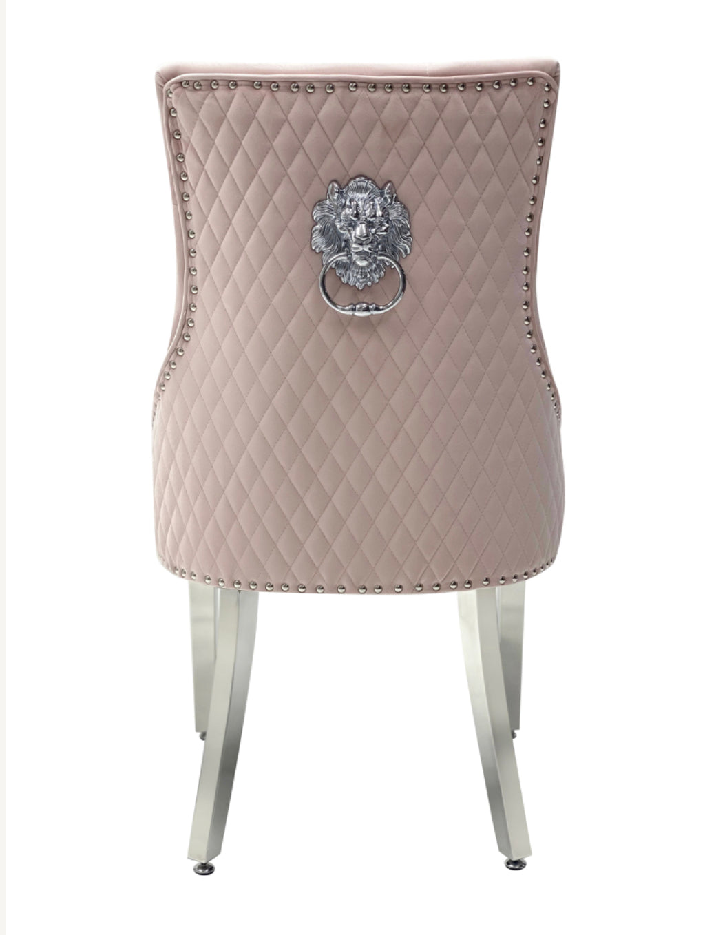 Louise Marble Dining Table with Majestic Pink Lion Knocker Chairs – Luxury Dining Set UK