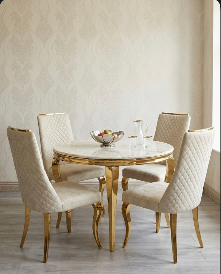 Luxury Cream & Gold Round Dining Table Set 110cm with Ruby Cream & Gold Velvet Dining Chairs – Modern Glam Dining Furniture UK