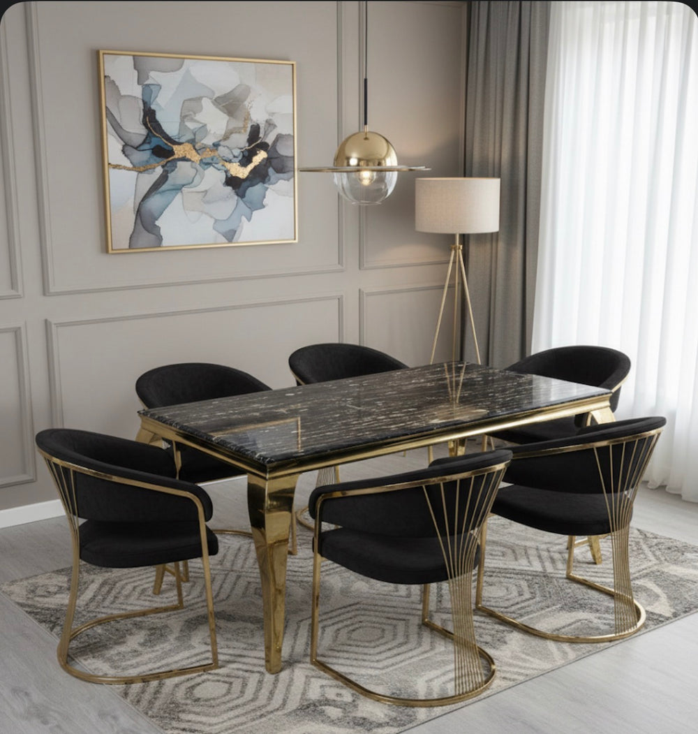 Modern dining room with marble table and black and Gold chairs in a stylish interior.