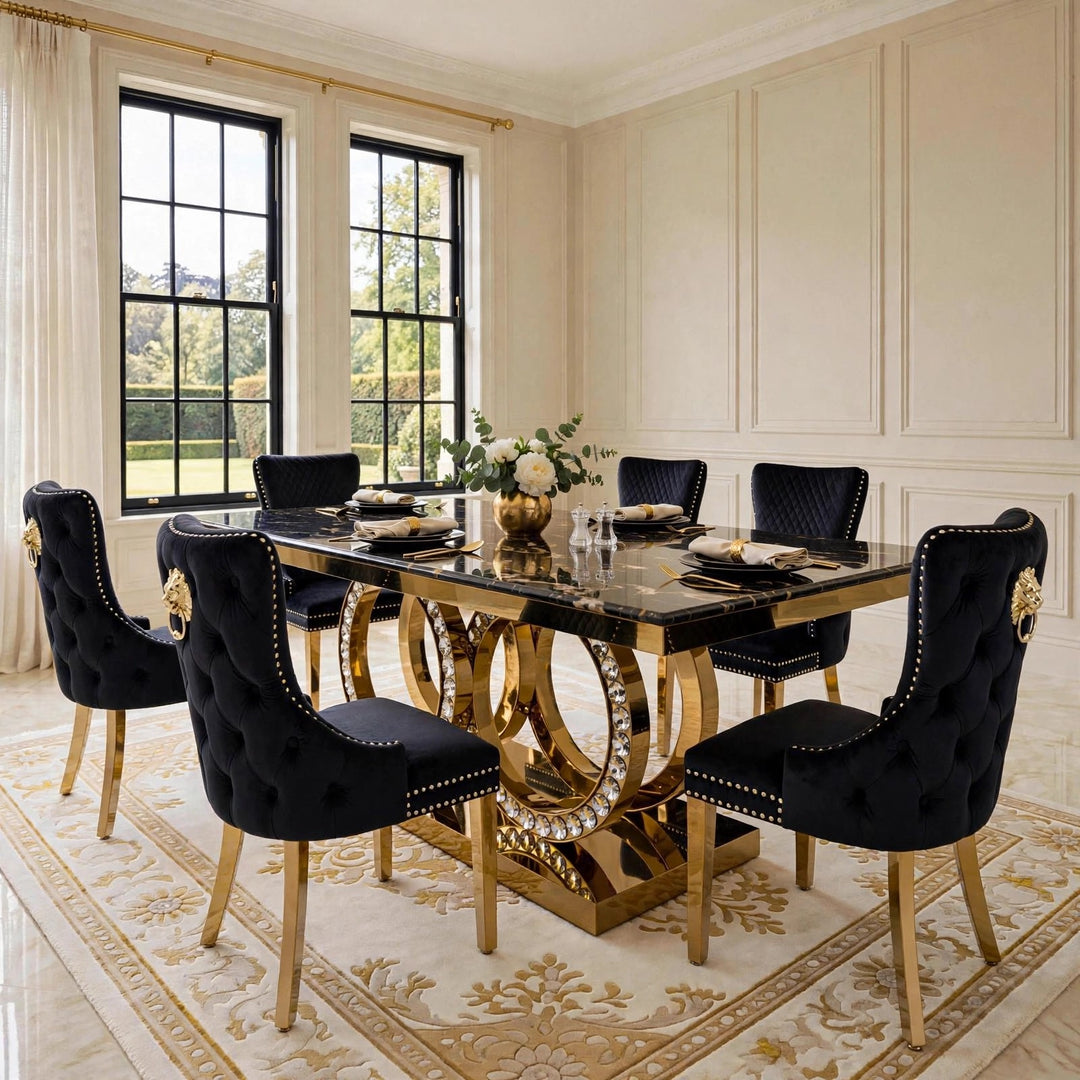 180cm Crystal White & Gold Marble Dining Table with Victoria Cream Velvet Gold Chairs