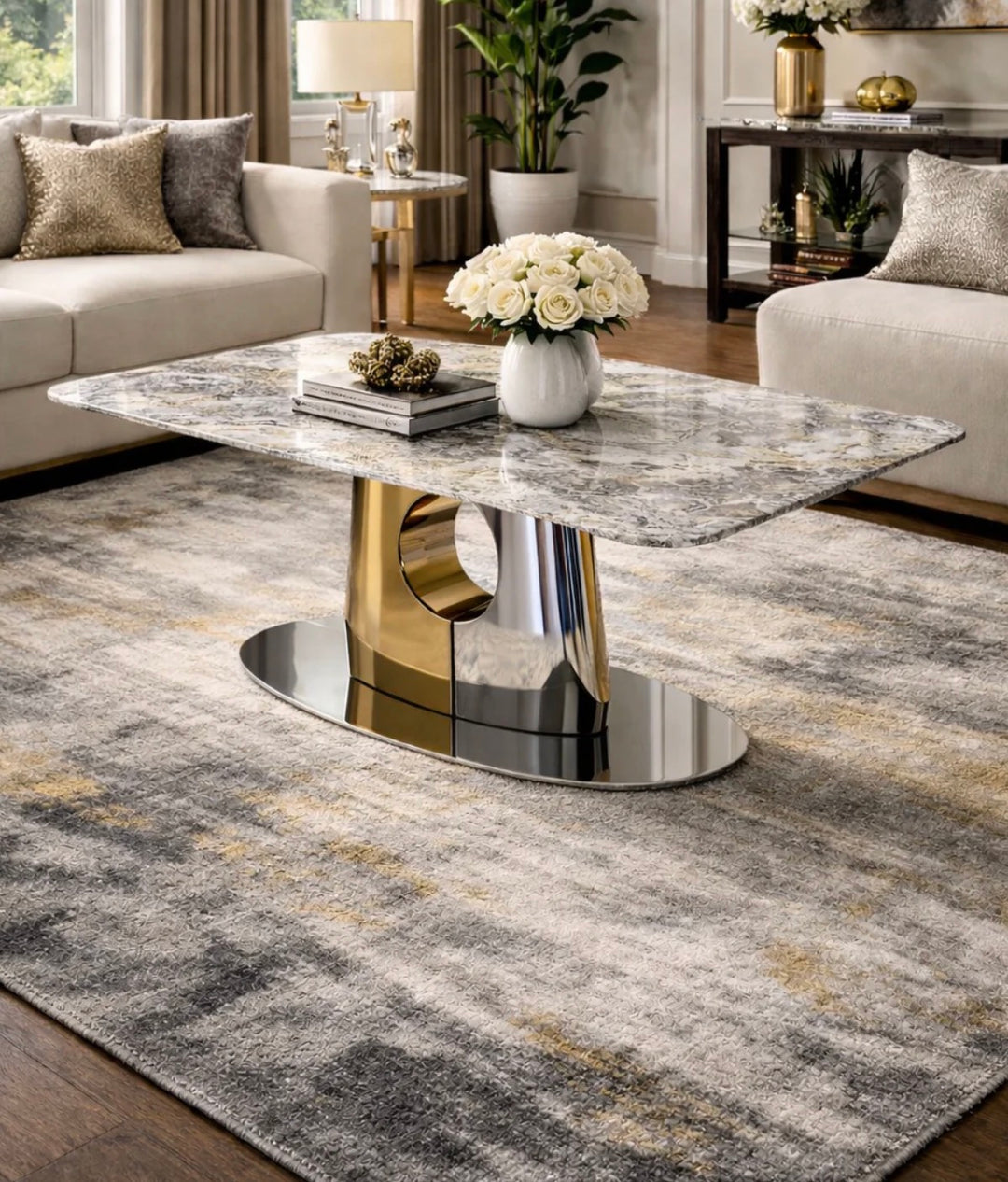Living room with a marble coffee table