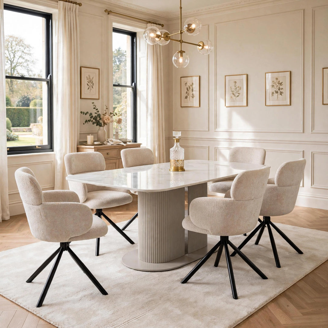 Alasgar Marble Dining Table 160cm White & Cream Pedestal Table with Tuscany Beige 360 Swivel Chair Velvet Swivel Chairs Dining Set