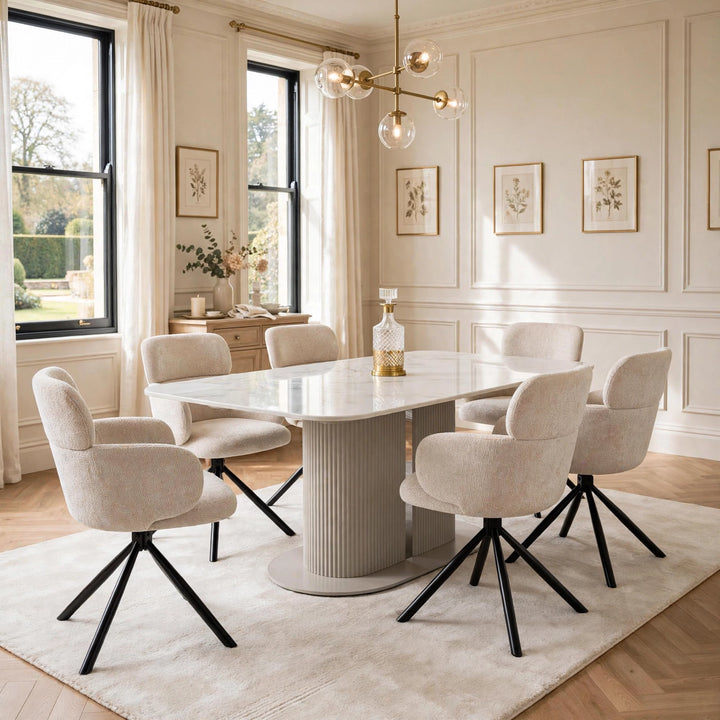 Alasgar Marble Dining Table 160cm White & Cream Pedestal Table with Tuscany Beige 360 Swivel Chair Velvet Swivel Chairs Dining Set