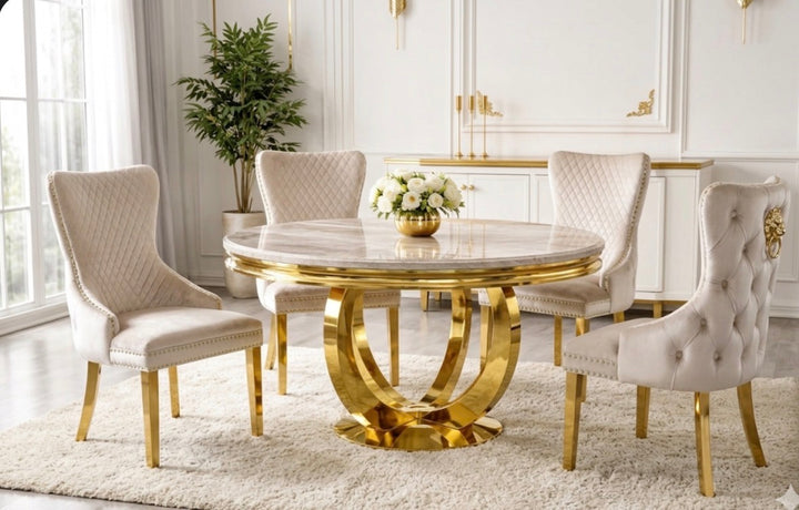 130cm Cream Round Dining Table with Gold Base & 6 Victoria Cream & Gold Lion Knocker Dining Chairs