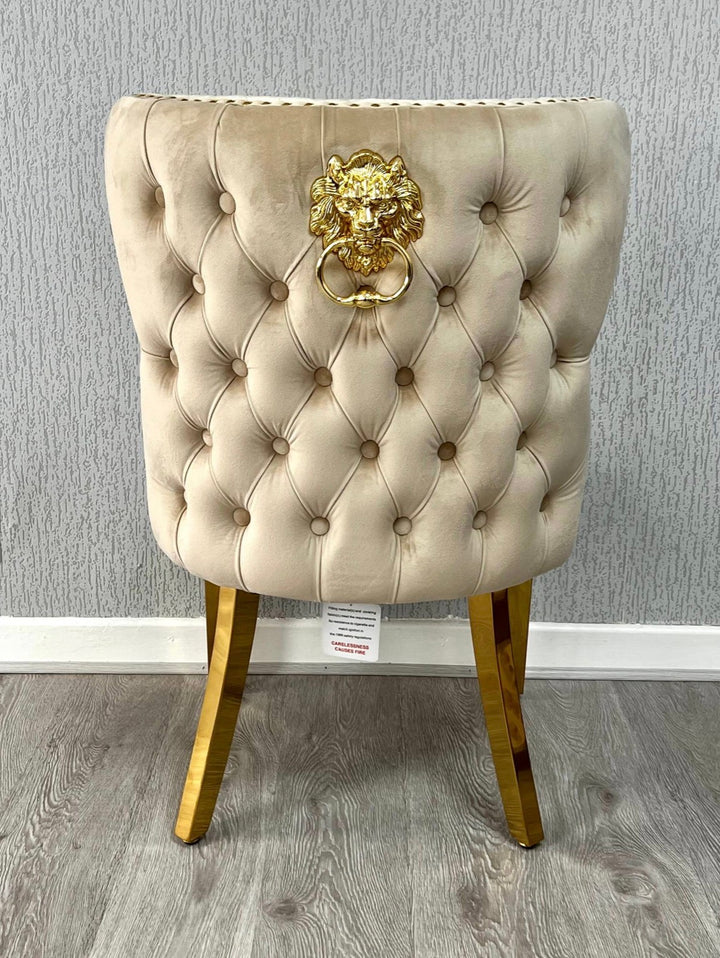 Louise Cream Gold Marble Dining Table + Oxford Mink Gold Dining Chairs Lion knocker