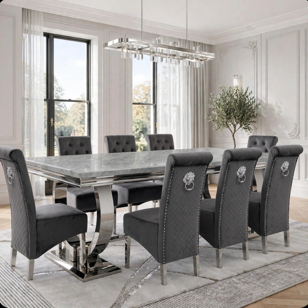 Arianna Light Grey Marble Dining Table With Dark Grey Lion Knocker Chairs