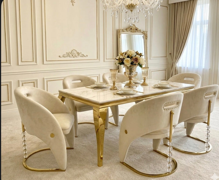 Louise Cream & Gold Marble Dining Table Set with California Cream & Gold Dining Chairs (Luxury 4–6-8Seater)