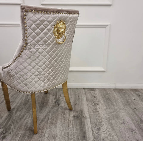 Louise Gold Table With Bentley Cream & Gold Dining Chairs Lion Knocker