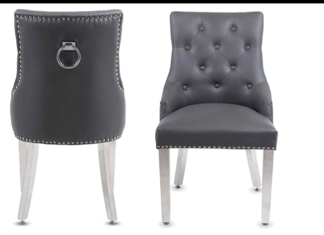 Arianna Grey Marble Dining Table with Dark Grey PU Leather Dining Chairs Ring Knocker– Modern Luxury Dining Set