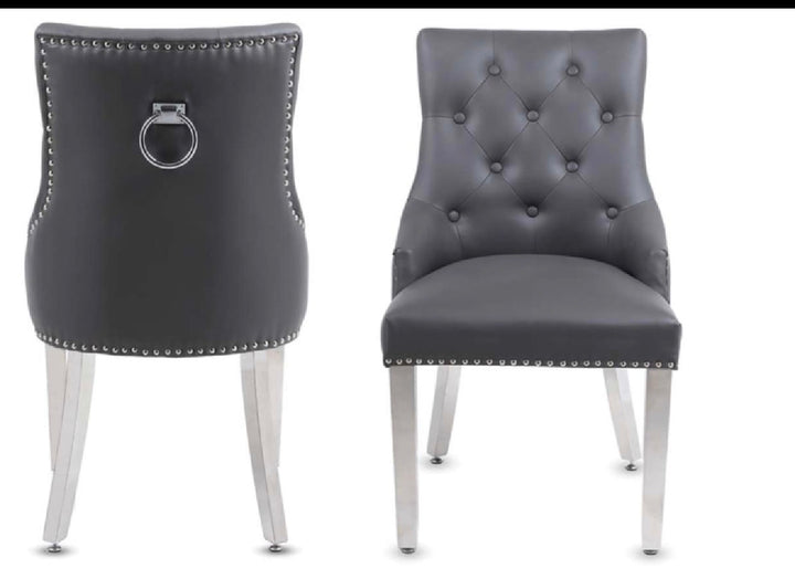 Arianna Grey Marble Dining Table with Dark Grey PU Leather Dining Chairs Ring Knocker– Modern Luxury Dining Set