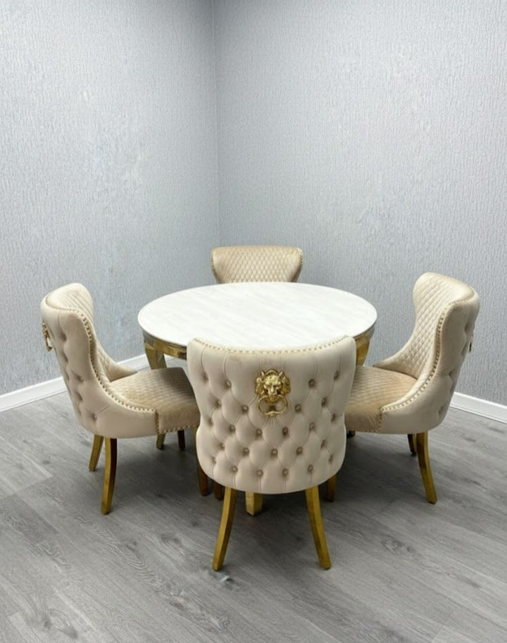 1.1M Round Table Cream And Gold + Gold Valentino Mink Lion Knocker Chairs