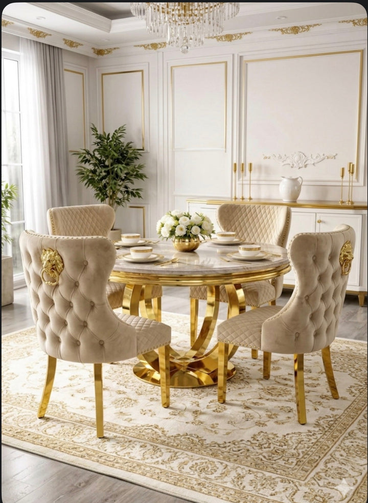 130cm Round Gold Dining Table with 6 Valentino Mink and Gold Lion Knocker Chairs – Luxury Dining Set