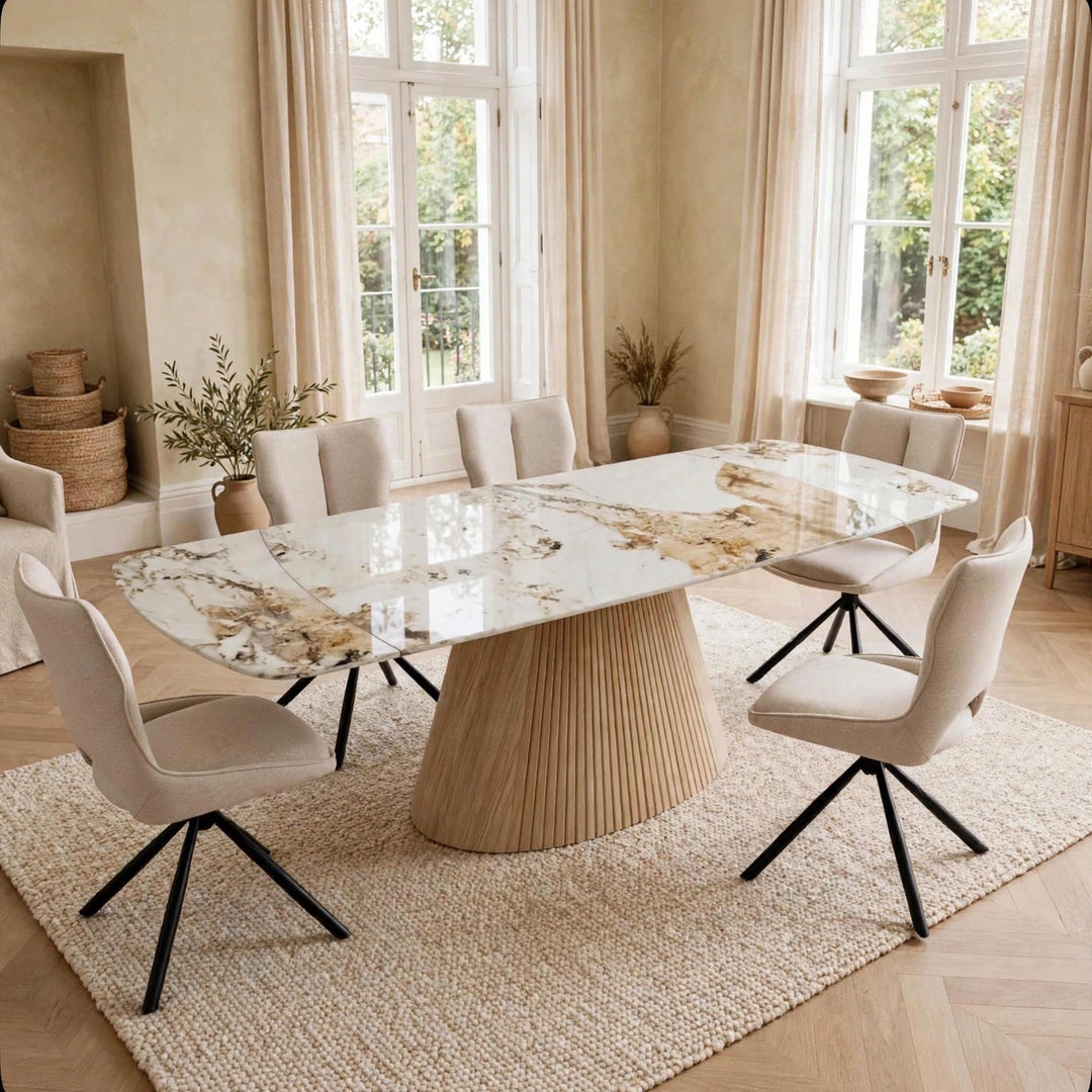 Marino Pandora Beige Extendable Dining Table 160-240cm with Roseland Beige Velvet 360° Swivel Chairs