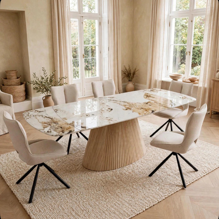 Marino Pandora Beige Extendable Dining Table 160-240cm with Roseland Beige Velvet 360° Swivel Chairs