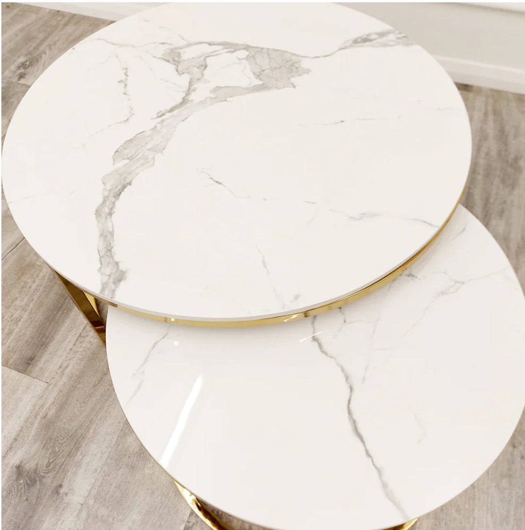 Round Coffee Table Gold  with Polar White Sintered Stone Tops